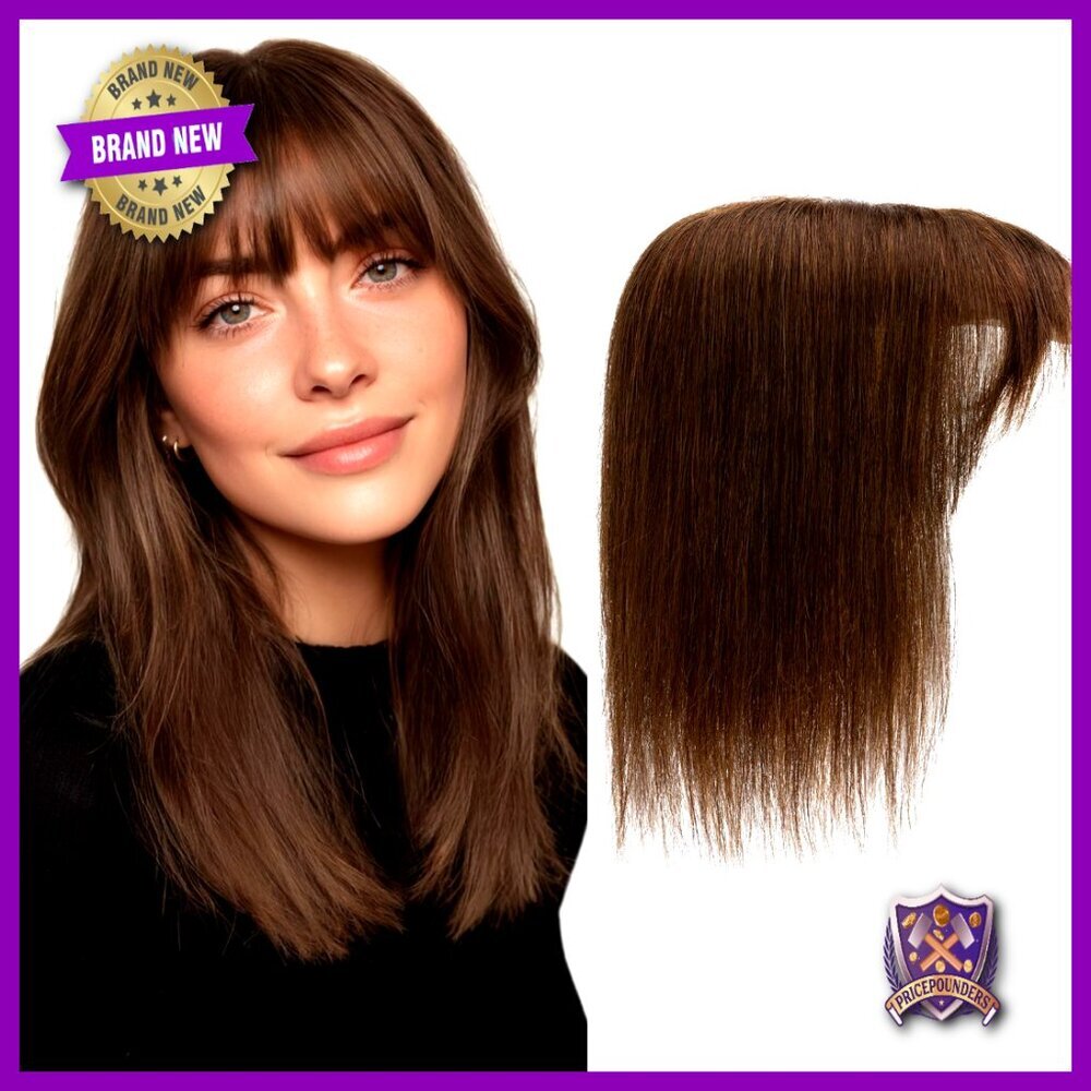 Human Hair Topper with Bangs Straight Clip-In Silk Base for Thinning Hair
